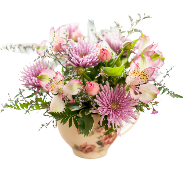beautiful pink and white floral arrangement in gold vase 